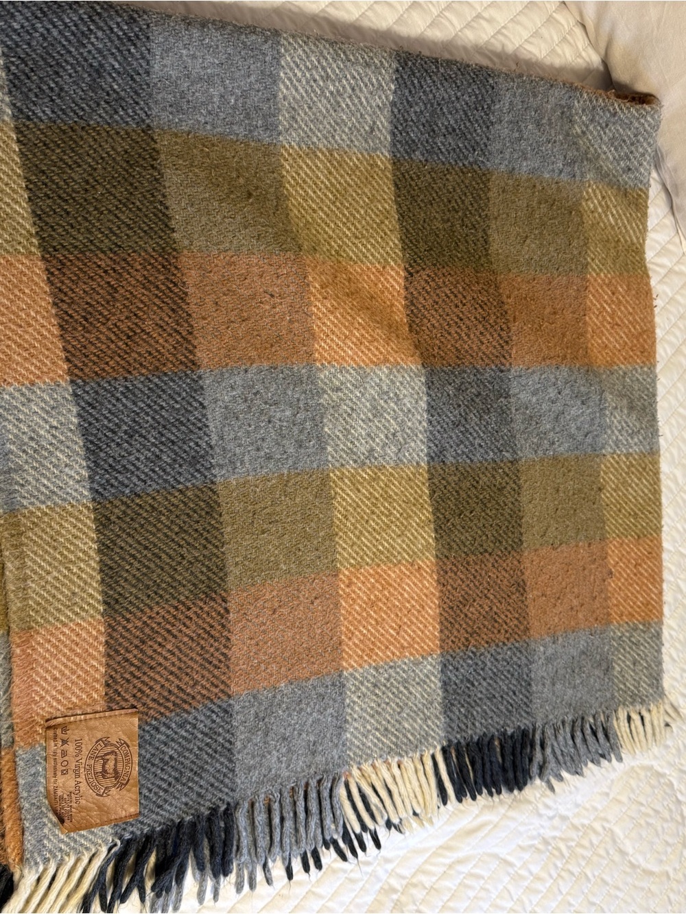 100% Virgin Acrylic Throw Made in Italy Blanket Gray, Tan, and Orange Vintage-